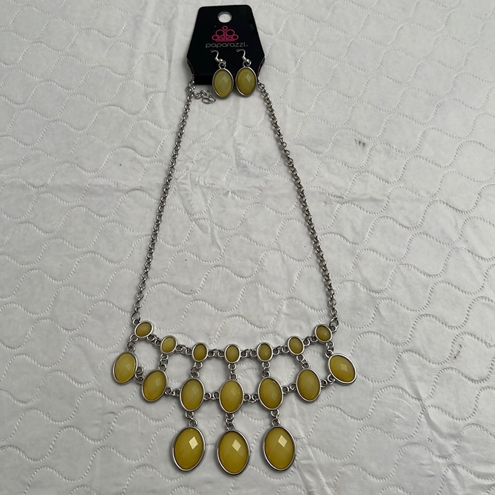 Paparazzi nickel and yellow stone necklace and earrings matching set